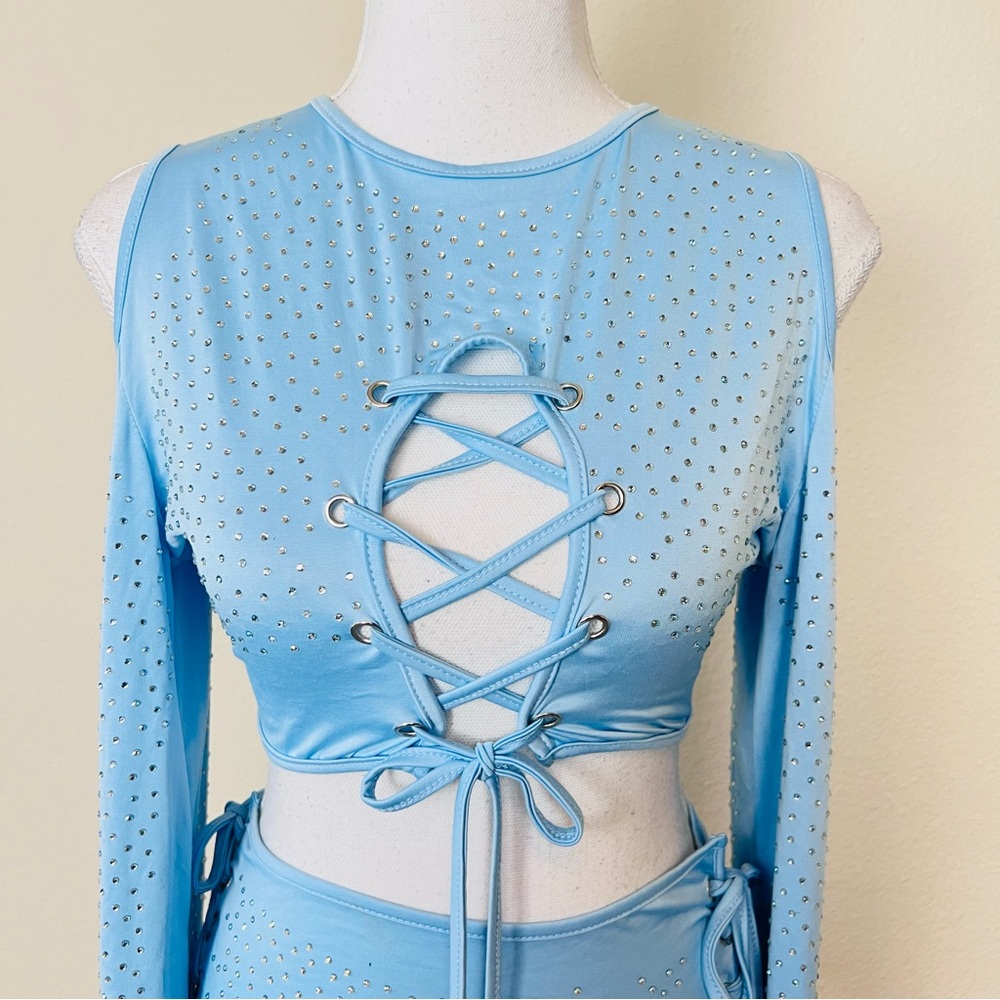 Baby Blue Rhinestone Cut Out Lace Up Long Sleeve Crop Top & Bottoms Rave Set - Picture 4 of 12